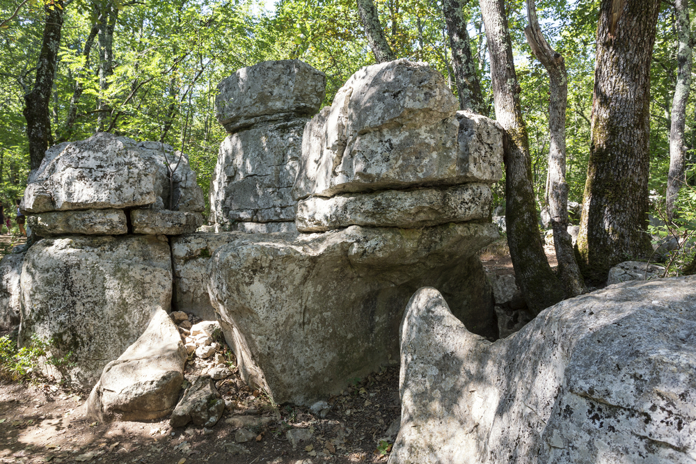 grote rotsformaties gelegen tussen bomen in het Boïs de Païolive in de Ardèche
