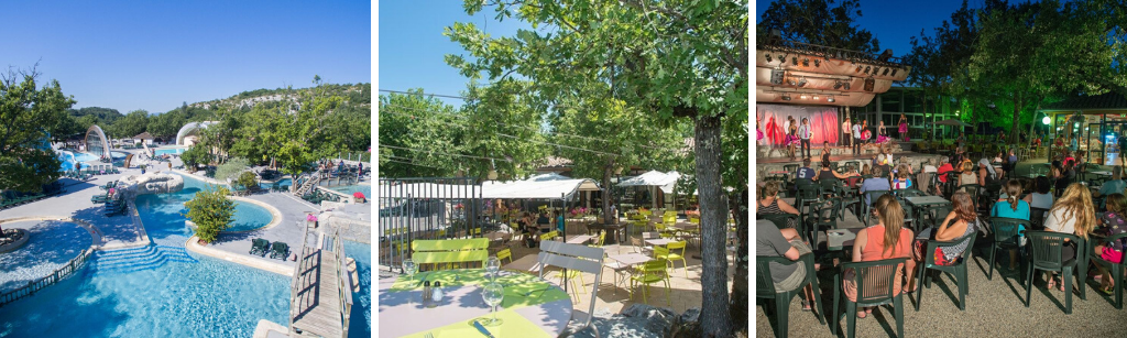 fotocollage van Camping Le Ranc Davaine in de Ardèche met een foto van het zwembadcomplex, een foto van het terras overdag en een foto van gasten die kijken naar een avondvoorstelling