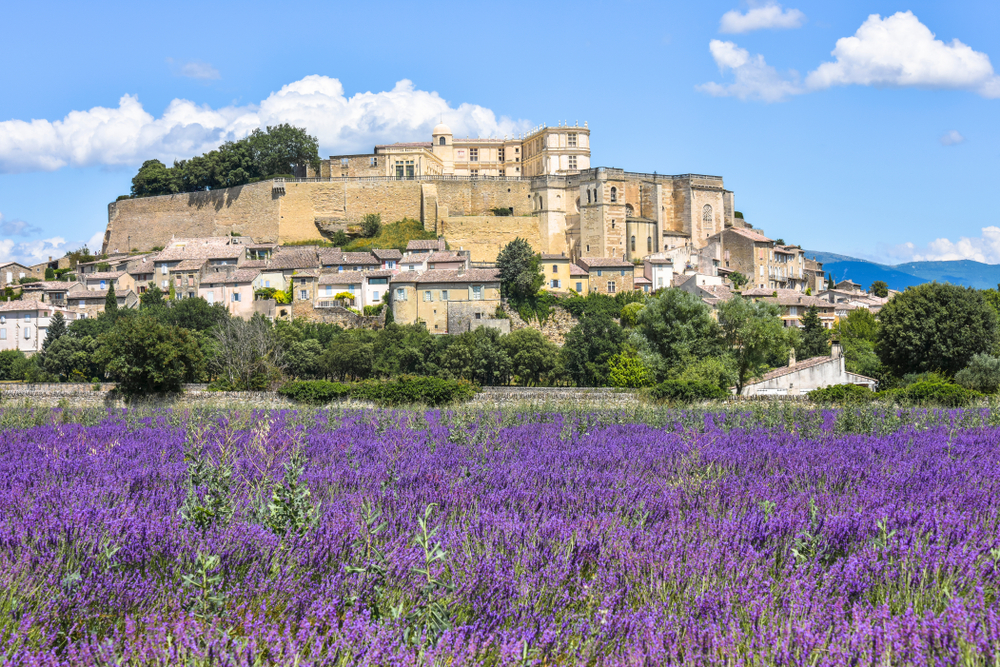 lavendelvelden met daarachter het dorpje Grignan en zijn kasteel in het Franse department Drôme