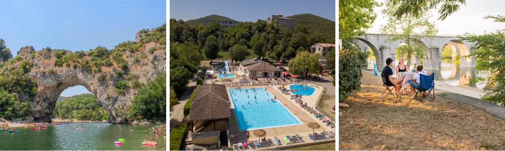 fotocollage van camping RCN La Bastide met een foto van de Pont d'Arc, een foto van het zwembadcomplex en een foto van kampeerders aan een tafeltje bij de rivier