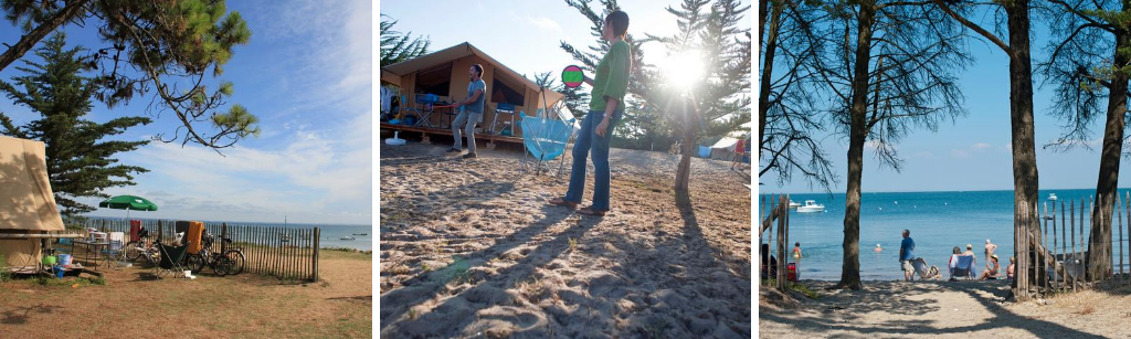 fotocollage van Huttopia Camping Noirmoutier met een foto vaan tent bij het strand en de zee, een foto van mensen die in beweging zijn voor hun tent, en een foto van de toegang tot het stand waar mensen zitten
