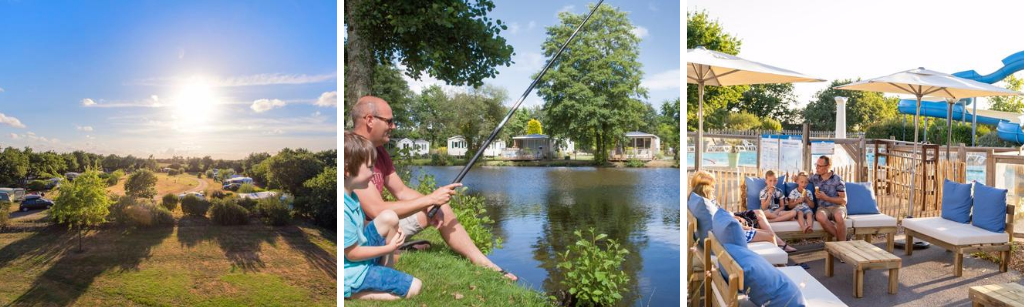 fotocollage van RCN la Ferme du Latois met een foto van de zon die boven de camping staat, een foto van een man en een jongetje die aan het vissen zijn, en een foto van een gezin dat een ijsje aan het eten is op het terras