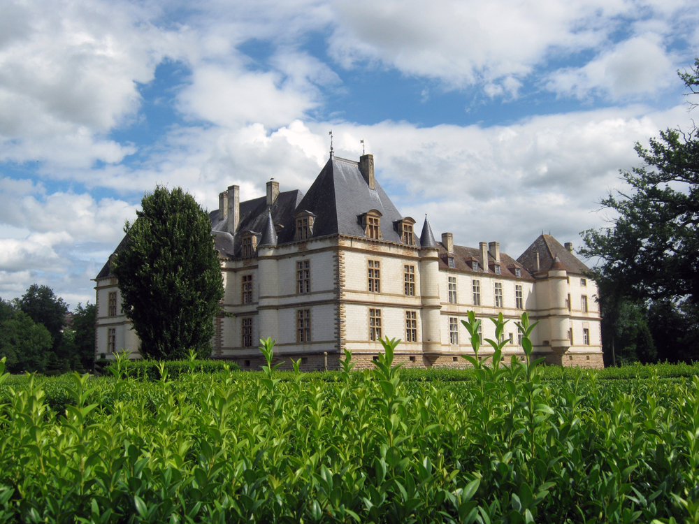 het kasteel van Cormatin gelegen tussen groene planten op een wat bewolkte dag