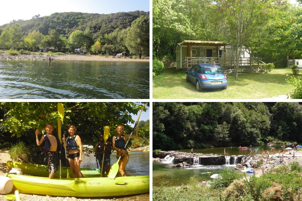 fotocollage van Camping Le Ventadour met een foto van iemand in het water bij het strandje, een foto van een blauwe auto voor een stacaravan, een foto van vier kinderen bij twee geel-groene kano's, en een foto van kinderen die in de rivier spelen