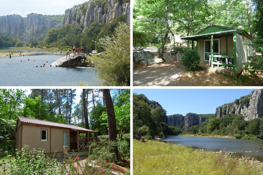 fotocollage van Camping La Vignasse met een foto van kinderen op een rots in de rivier, een foto van een dichte, groene bungalow, een foto van een bruine, dichte bungalow, en een foto van de rivier waarnaast wat mensen in het gras lopen/zitten