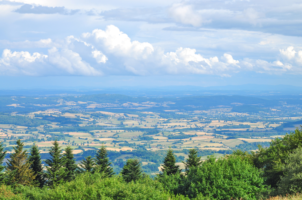 uitgestrekt uitzicht over het natuurpark de Morvan op een mistige dag en op de voorgrond groene bomen