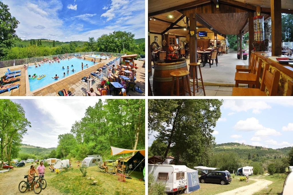 fotocollage van Camping Le Peyrugue met een foto van het zwembad waarin kinderen duiken, een foto van de bar die bijna leeg is, een foto van een koppel dat met hun fiets in hun hand praat met een andere campinggast, en een foto van caravans en een auto op kampeerplaatsen