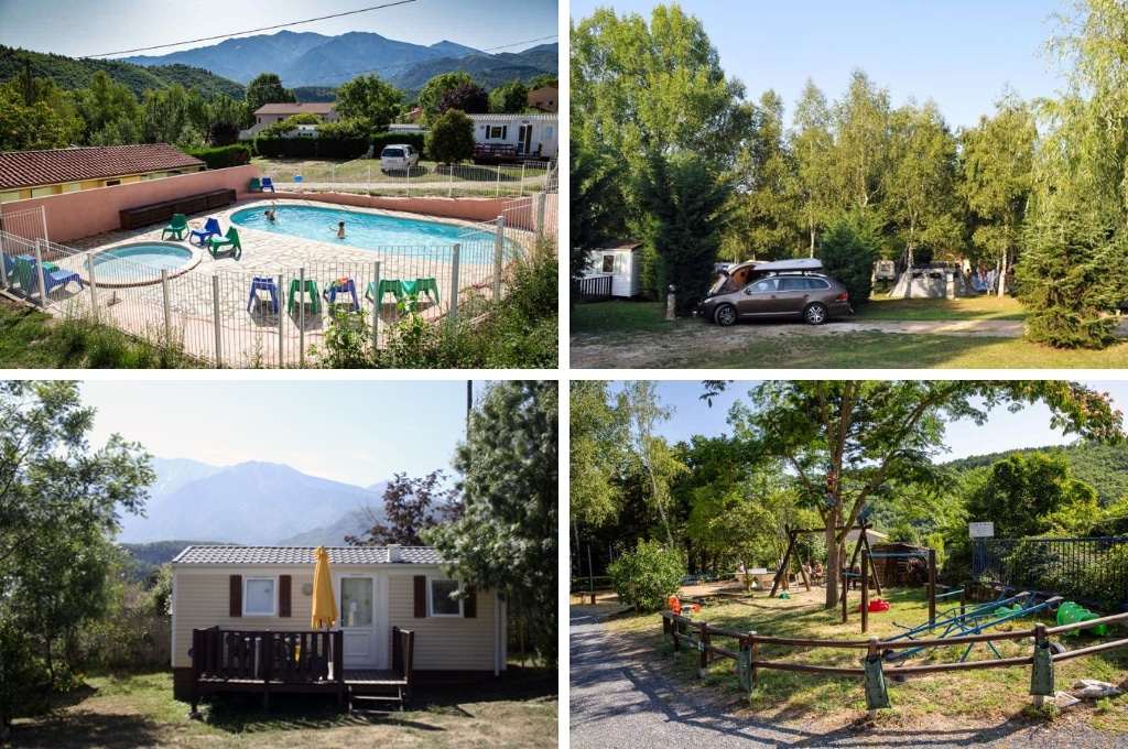 fotocollage van Camping Le Rotja met een foto van het zwembad, een foto van kampeerplaatsen met een auto ervoor, een foto van een gesloten stacaravan en op de achtergrond bergen, en een foto van de speeltuin
