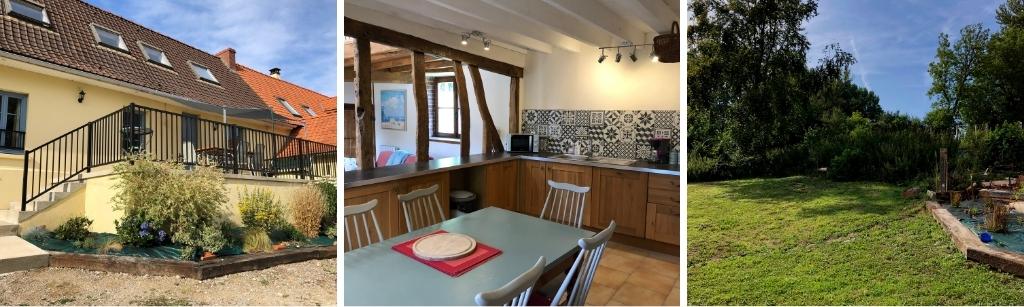 fotocollage van een natuurhuisje in Ergny met een foto van de voorkant van het huis met verhoogd terras, een foto van de keuken met eettafel en een foto van de tuin