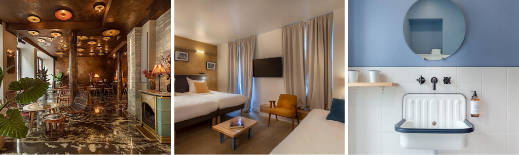 fotocollage van Hotel La Nouvelle République met een foto van de lounge, een foto van een tweepersoonskamer en een foto van de wasbaak aan de blauw-witte muur