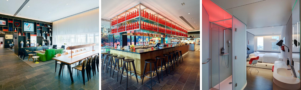 fotocollage van citizenM Paris Gare de Lyon met een foto van de lounge, een foto van de bar, en een foto van een moderne tweepersoonskamer met achterin het bed en voorin een wastafel en inloopdouche