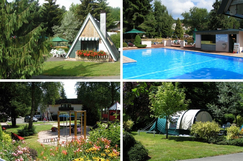 fotocollage van Camping De Noirrupt - JP Vacances met een foto van een driehoekig houten chalet, een foto van het zwembad, een foto van de speeltuin en een foto van een tunneltent op een kampeerplaats