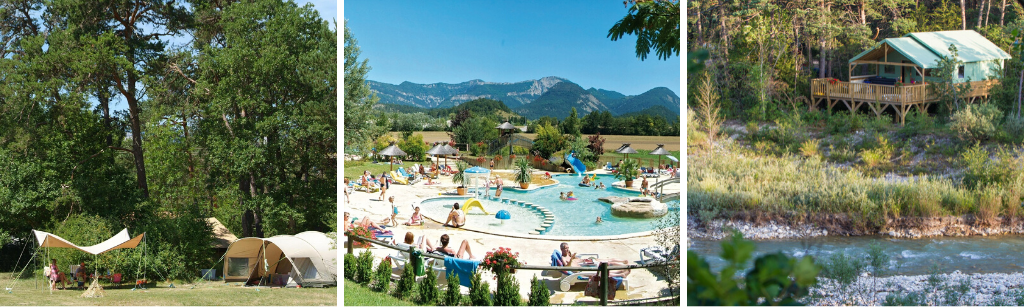 fotocollage van Camping L'Hirondelle in de Drôme met een foto van een kampeerplaats met tenten en mensen, een foto van het zwembad met op de achtergrond bergen en een foto van een safarilodge aan een beekje