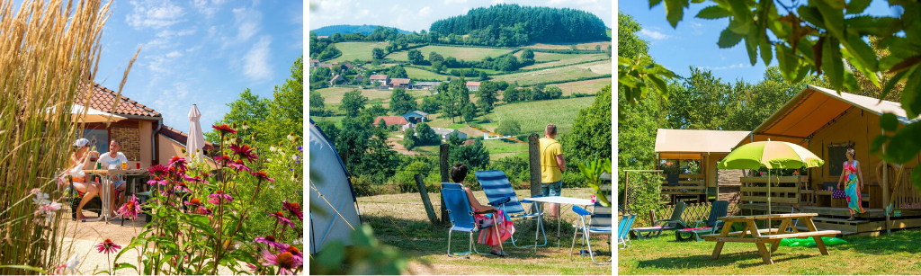 fotocollage van Camping Le Village des Meuniers in de Bourgogne met een foto van een stel op een terras, een foto van een stel dat op het dal uitkijkt en een foto van een vrouw die het terras bij haar safaritent afloopt