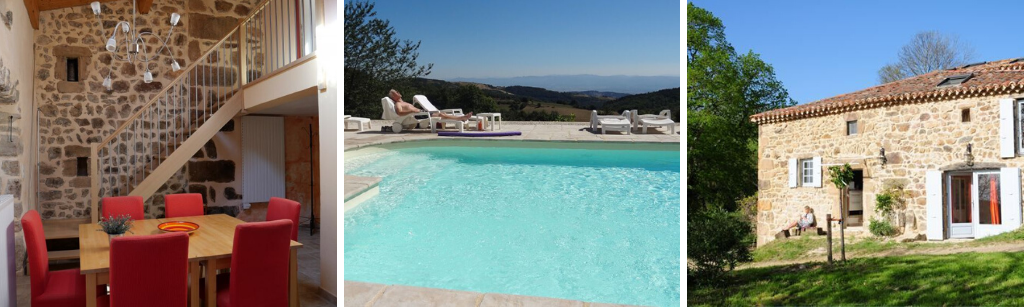 fotocollage van een vakantiewoning in het Franse Alboussière  met een foto van de eetkamer, een foto van het zwembad en een foto van de voorkant van het vakantiehuis