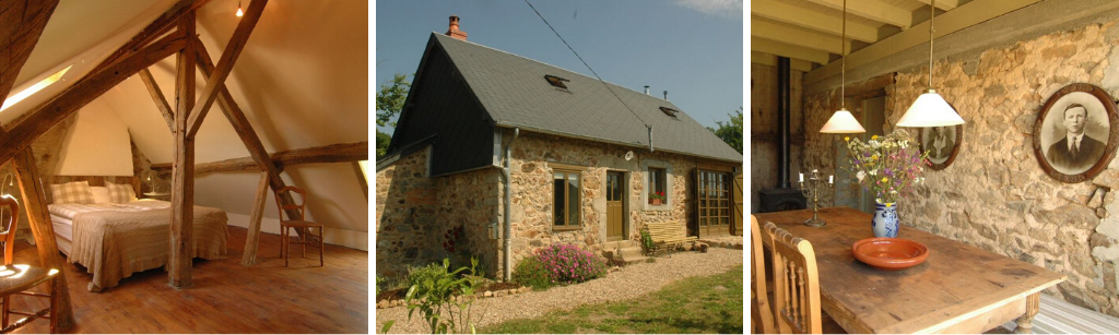 fotocollage van een vakantiehuis in Larochemillay met een foto van een slaapkamer met tweepersoonsbed, een foto van de voorkant van het stenen huis en een fot ovan de eetkamer met stenen muur en twee oude portretten aan die muur