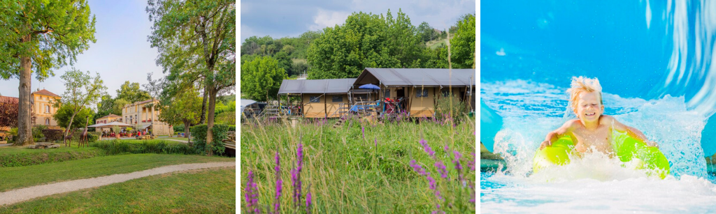 fotocollage van RCN Camping le Moulin de la Pique met een foto van het park, een foto van twee safaritenten en een foto van een jongentje die met een zwembad van de glijbaan afglijdt