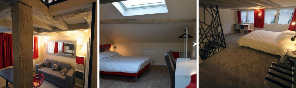 fotocollage van een appartement in Orléans met een foto van de zitkamer met bank en twee foto's van twee slaapkamers die op een zolderverdieping lijken te zijn