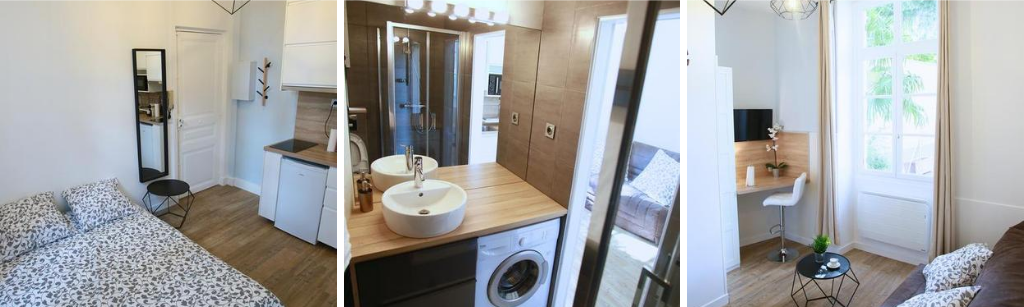fotocollage van een appartement in Orléans met een foto van het tweepersoonsbed en de keuken, een foto van de badkamer, en een foto van een kamer met een bank en bureautje met kruk