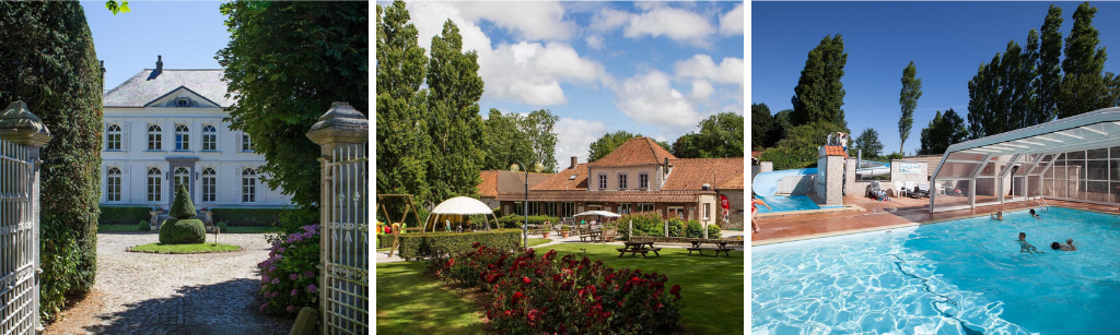 fotocollage van Camping Castel La Bien Assise met een foto van een kasteel, een foto van het centrale deel met picknicktafels en speeltoestellen en een foto van het zwembad met schuifdak waarin een aantal kinderen zwemmen