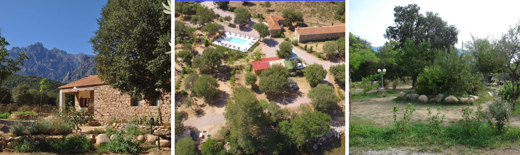 fotocollage van Camping E Canicce op Corsica met een foto van een stenen gebouw, een foto van het terrein met zwembad van bovenaf en een foto van een lege kampeerplaats en wat struiken