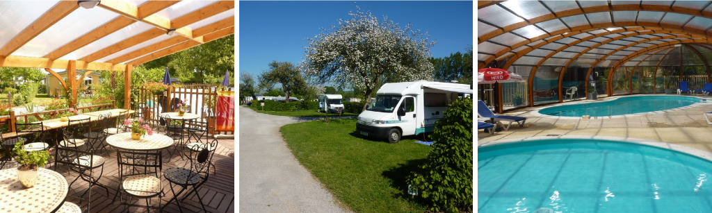 fotocollage van Camping Les Pommiers des Trois Pays met een foto van het overdekte terras, een foto van een paar campers op kampeerplaatsen, en een foto van het overdekte zwembd dat leeg is