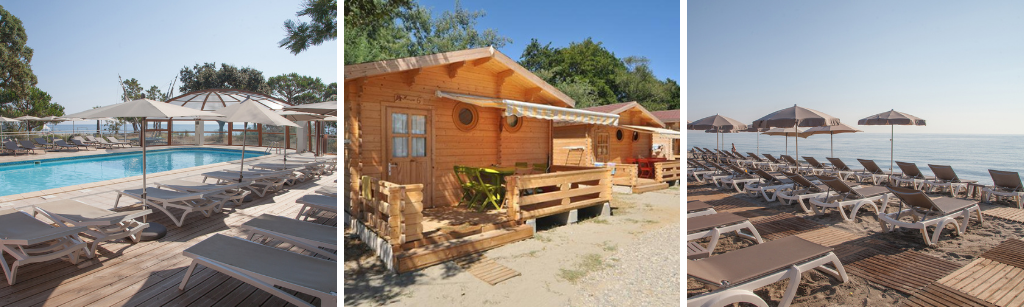 fotocollage van Camping Merendella op Corsica met een foto van het zwembad met lege ligbedjes en parasols, een foto van twee houten chalets en een foto van lege ligbedjes en parasols op het strand