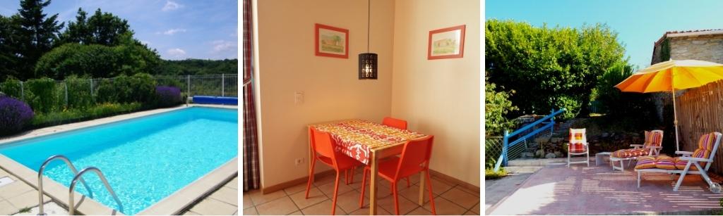 fotocollage van Vakantiehuis Château-Guibert met een foto van het zwembad, een foto van de eettafel, en een foto van ligstoelen en een oranje parasol op het terras