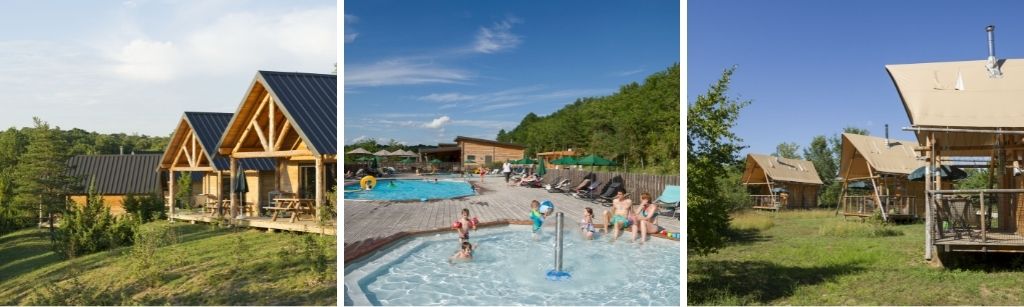 fotocollage van camping Huttopia Sud Ardèche met een foto van houten vakantiehuizen, een foto van het zwembad met volwassenen en kinderen en een foto van canvas tenten met een houten veranda