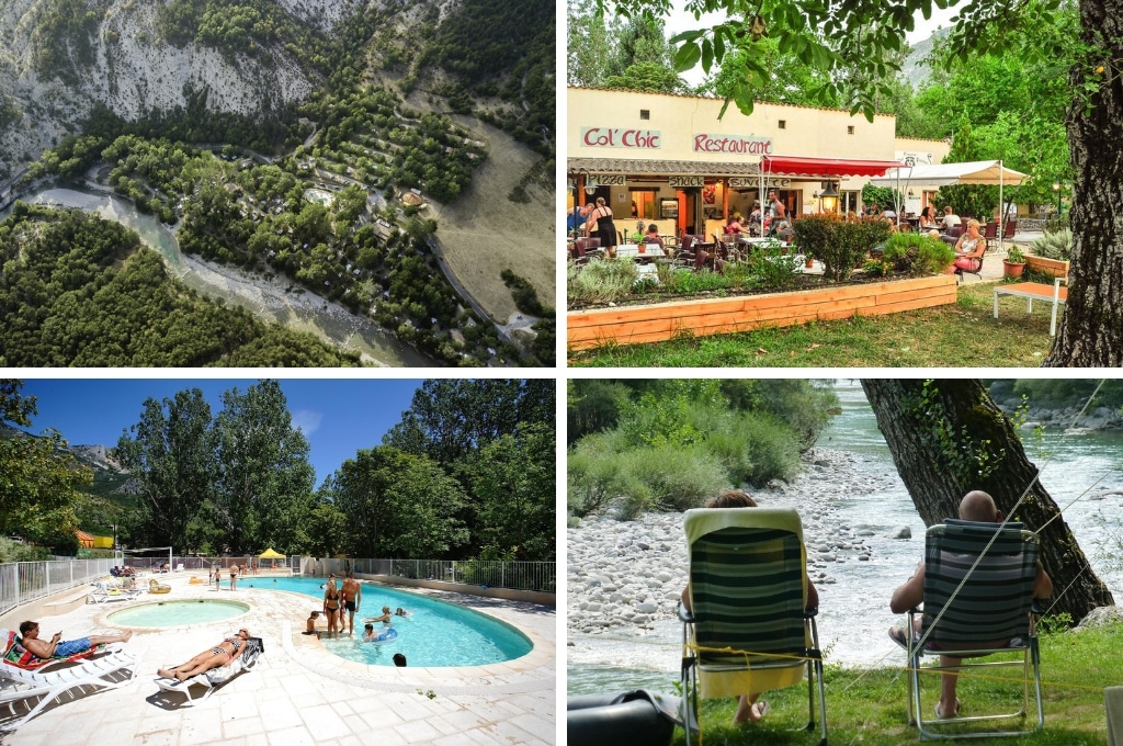 fotocollage van Domaine Chasteuil Verdon met een luchtfoto van het kampeerterrein aan de rivier, een foto van het terras bij het restaurant waarop mensen zitten, een foto van het zwembad met peuterbad buiten, en een foto van een stel op campingstoelen dat naar de rivier kijkt