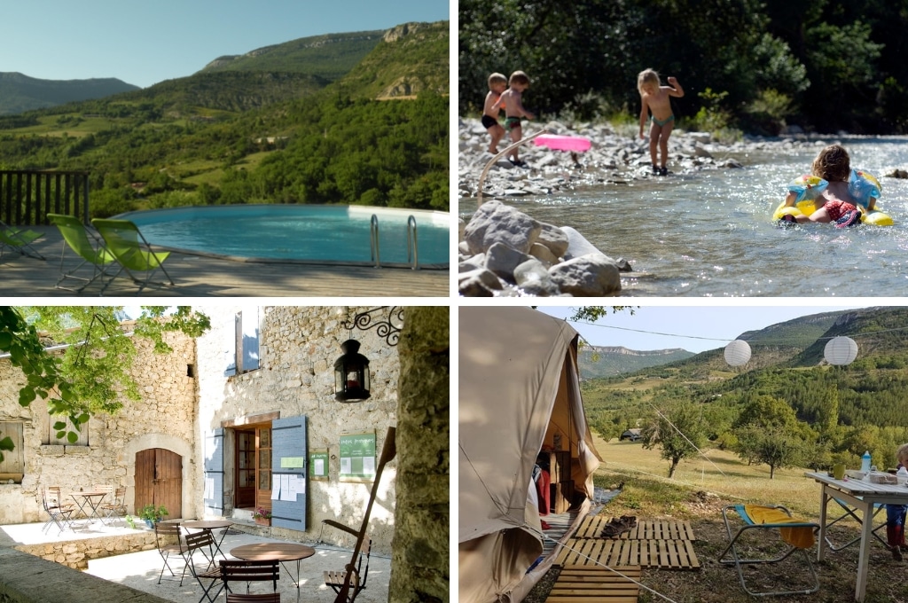 fotocollage van Camping La Ferme De Clareau met een foto van het lege zwembad, een foto van een kindje op een gele band in de rivier, een foto van het lege terras, en een foto van een tent met tafel en stoeltje buiten en uitzicht op de groen heuvels