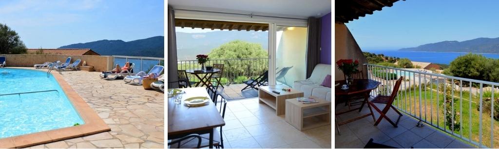 fotocollage van een vakantiehuis in Serra-di-Ferro met een foto van het zwembad bij het complex, een foto van een woonkamer met daaraan grenzend een balkon en een foto van een balkon met uitzicht op het zwembad en de zee