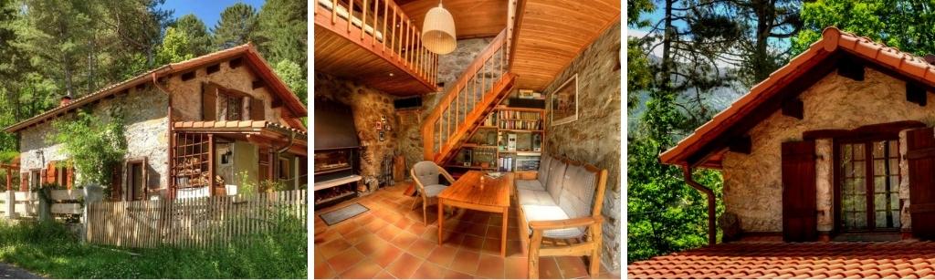 fotocollage van een rustiek vakantiehuis gelegen in het binnenland van Corsica met een foto van de buitenkant, een foto van de zitkamer, en een foto van een dakraam