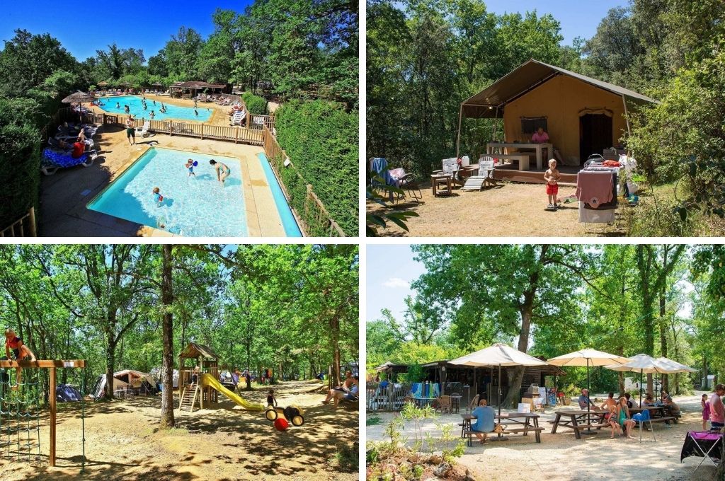 fotocollage van camping Le Pech Charmant in Les Eyzies-de-Tayac-Sireuil in de Dordogne met een foto van het zwembad, een foto van een safaritent, een foto van een speeltuin en een foto van het terras