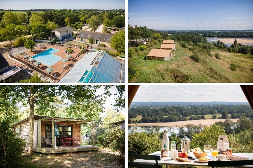 fotocollage van Camping Huttopia Saumur met een luchtfoto van het lege zwembad, een foto van drie safaritenten die uitkijken op de rivier, een foto van een houten chalet, en een foto van een tafel met ontbijt en uitzicht op de Loire