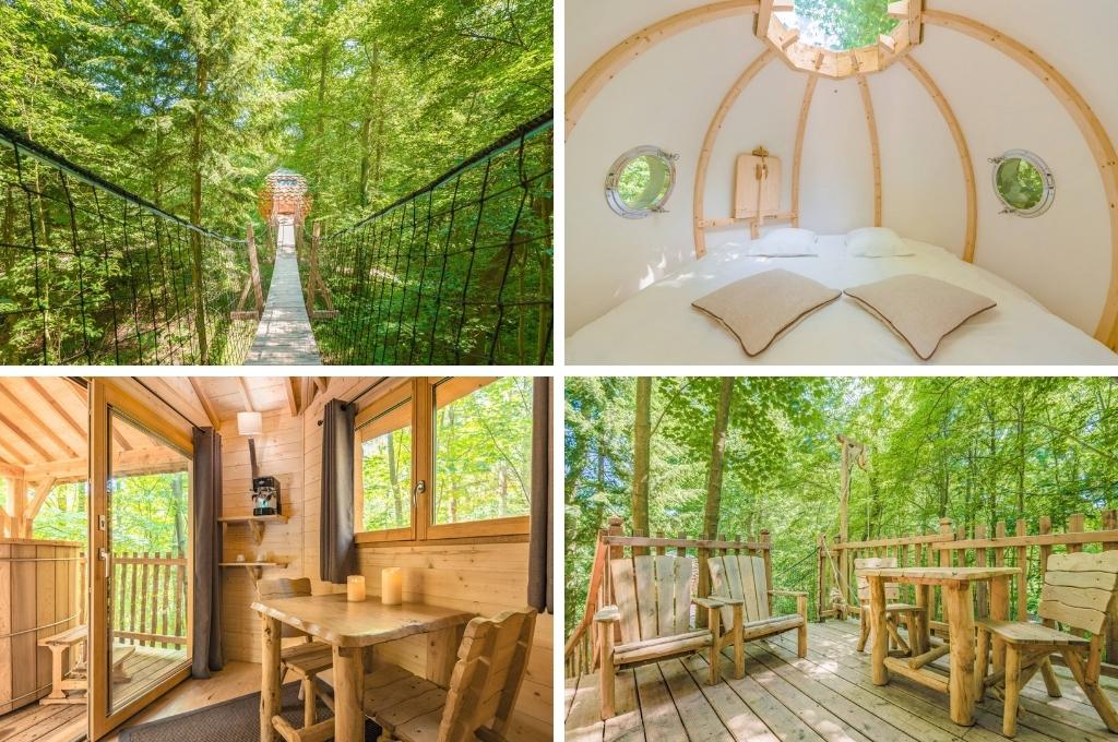 fotocollage van een boomhut in de Oise in Frankrijk met een foto van de hangbrug, een foto vanuit de woonkamer met een stukje van het terras met jacuzzi, een foto van de slaapkamer en een foto van het terras me terrasmeubilair.