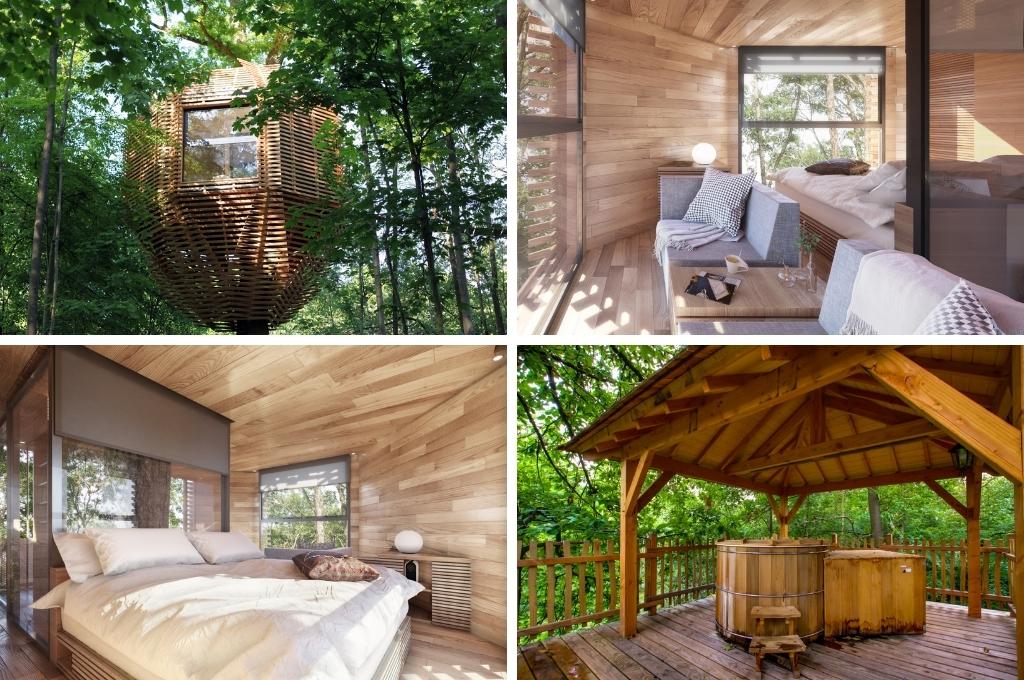 fotocollage van een boomhut met jacuzzi in de Oise in Frankrijk met twee foto's van het slaapgedeelte, een foto van het terras met jacuzzi en een foto van de buitenkant