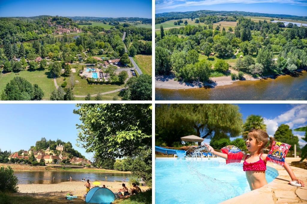 fotocollage van Camping Le Port de Limeuil  met twee luchtfoto's van de camping aan de rivier, een foto van het strandje aan de rivier en een foto van een meisje met zwembadjes aan de rand van het zwembad