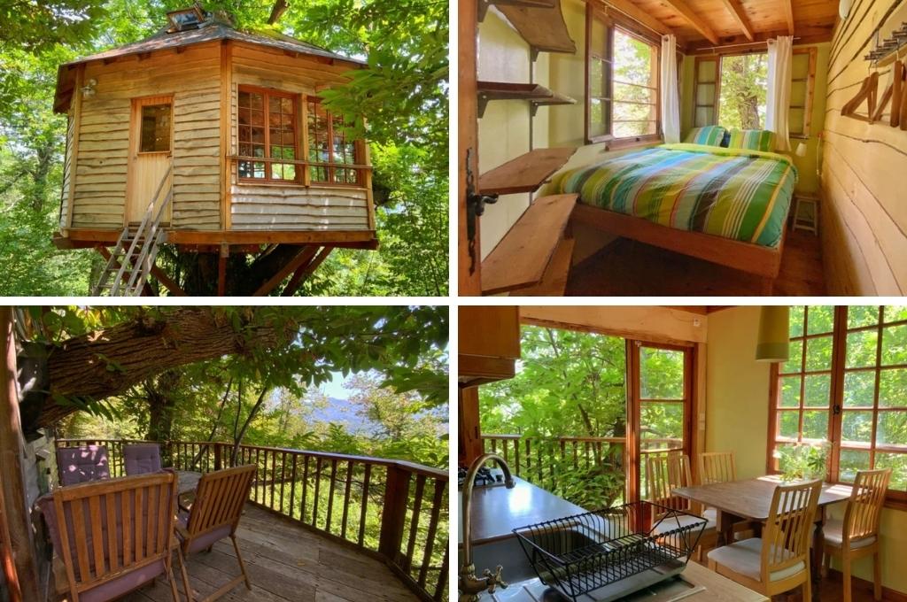 fotocollage van een boomhut in de Franse Pyreneeën met een foto van de slaapkamer, een foto van de woonkamer met keuken, een foto van het terras en een foto van de buitenkant