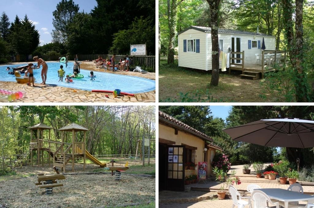 fotocollage van Camping La Grande Veyière in Molières in de Dordogne met een foto van het zwembad, een foto van een stacaravan, een foto van de speeltuin en een foto van de receptie