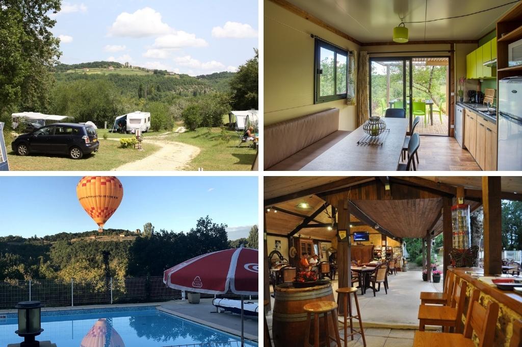 fotocollage van Camping La Peyrugue in Daglan in de Dordogne met een foto van het uitzicht, een foto van een bungalow, een foto van het zwembad en een foto van het restaurant