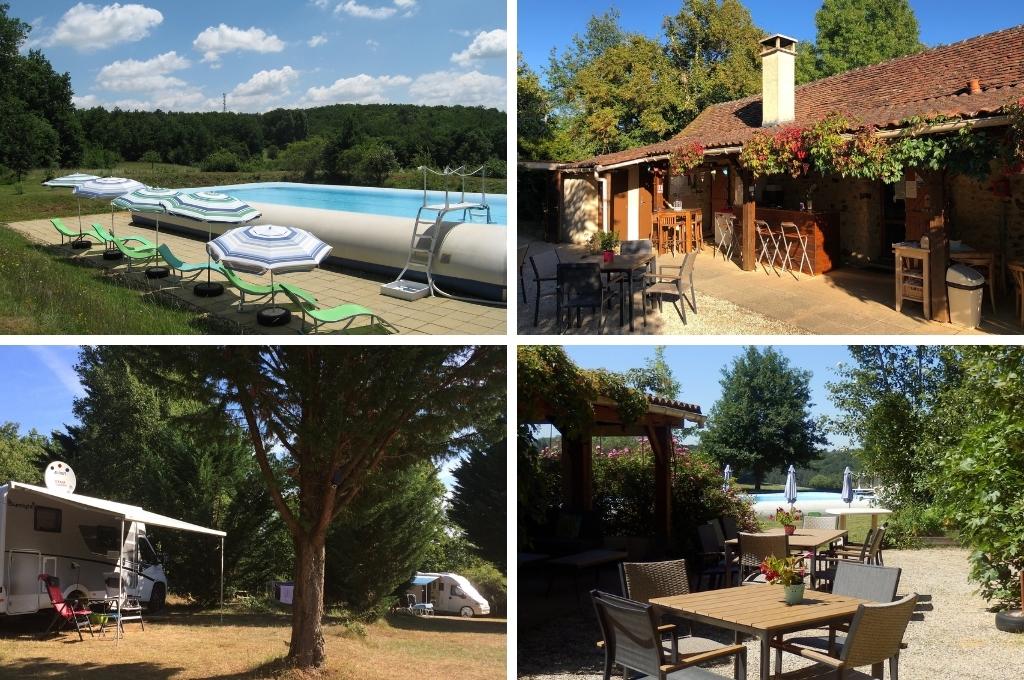 fotocollage van Camping Naturiste Coteau de l’Herm in Rouffignac-Saint-Cernin-de-Reilhac in de Dordogne met een foto van het zwembad, een foto van de bar, een foto van een kampeerplaats en een foto van het terras naast het zwembad