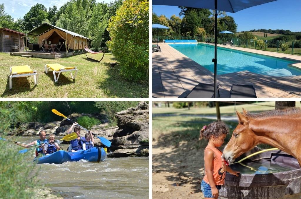 fotocollage van camping Domaine de Merlanes in Molières in de Dordogne met een foto van een safaritent, een foto van het zwembad, een foto van een gezin dat kanoet in de omgeving en een foto van een meisje bij een paard