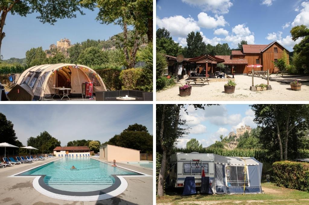 fotocollage van Camping Les Deux Vallées in Vézac met een foto van een tent met uitzicht op het kasteel, een foto van het terras, een foto van het zwembad en een foto van een caravan met uitzicht op het kasteel