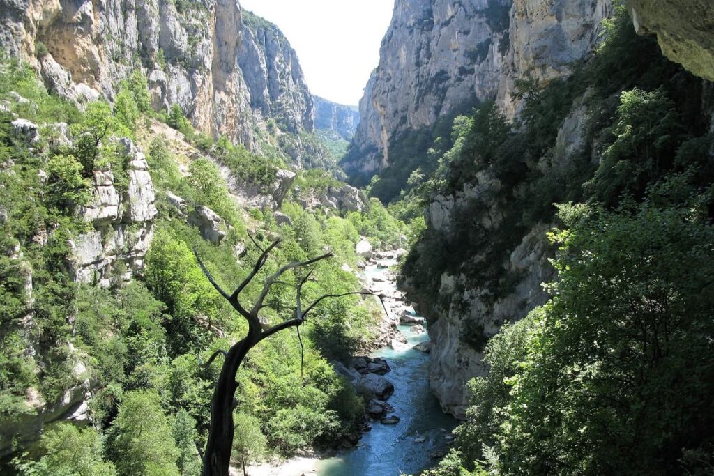 Het stromende riviertje de Verdon, omgeven door hoge rotsen en groene bomen