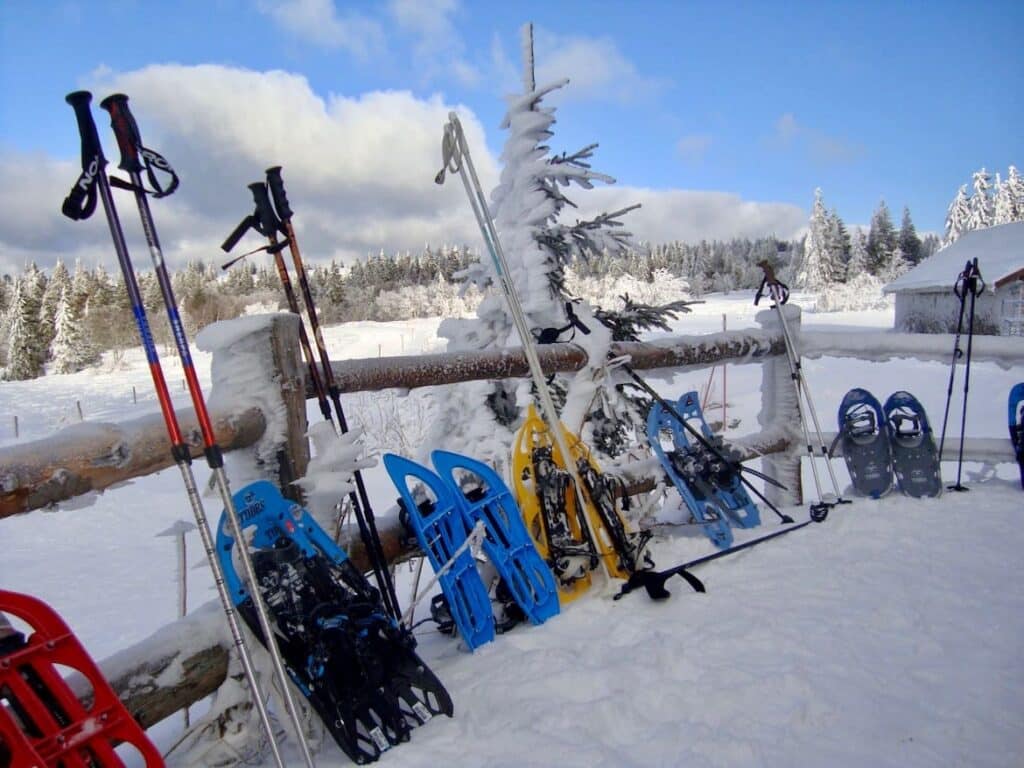 Wandelstokken en sneeuwschoenen leunen tegen een besneeuwd hek