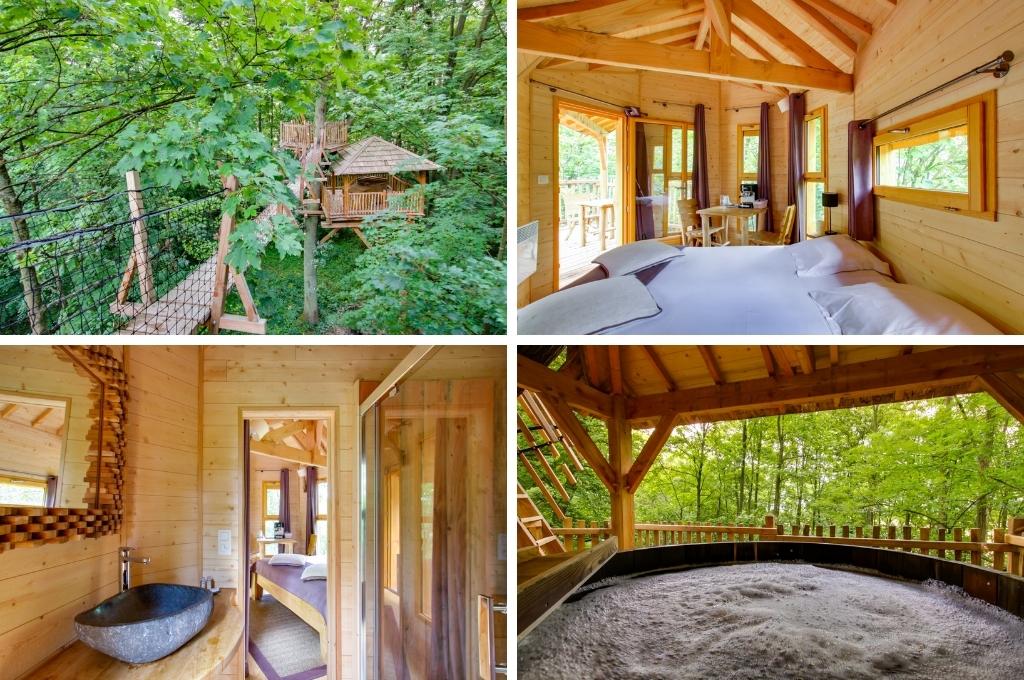 fotocollage van een boomhut in de Hauts-de-France met een foto van de slaapkamer, een foto van de badkamer, een foto van de jacuzzi en een foto van de buitenkant