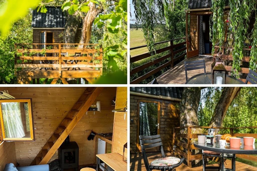 fotocollage van een boomhut in Picardië in Frankrijk met een foto van de buitenkant, twee foto's van het terras en een foto van de woonkamer met keuken