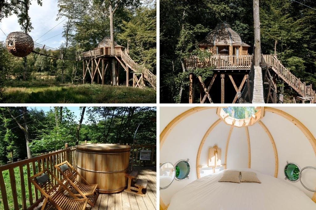 fotocollage van een boomhut in de Bourgogne in Frankrijk met twee foto's van de buitenkant, een foto van het terras met jacuzzi en een foto van de slaapruimte