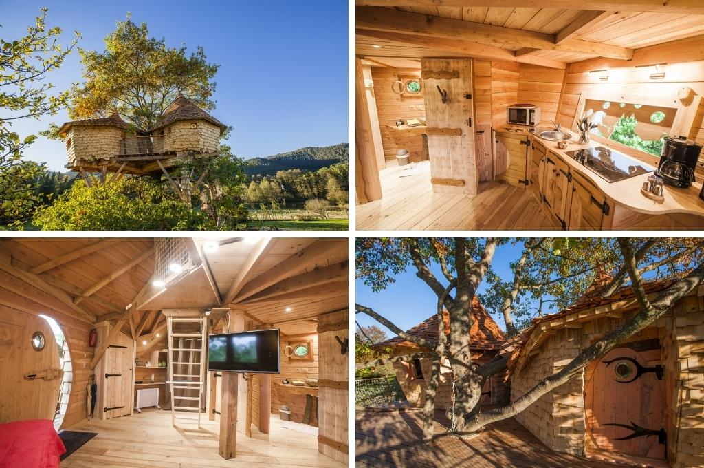 fotocollage van een boomhut in de Vogezen in Frankrijk met een foto van de keuken, een foto van de woonkamer en twee foto's van de buitenkant